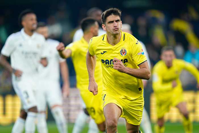 Gerard Moreno pictured celebrating after scoring for Villarreal in a 2-1 win over Real Madrid in January 2023
